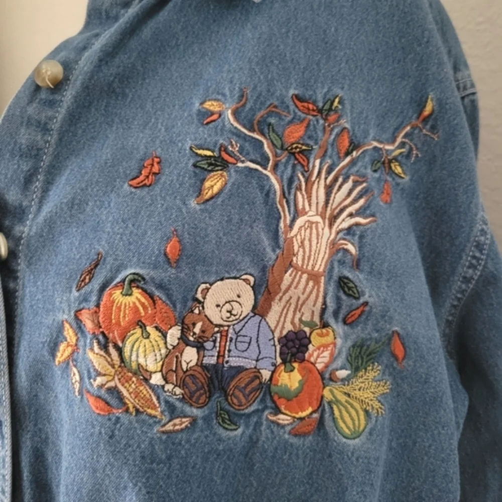 Fall Autumn Embroidered 18W 20W Chambray Denim Button-up Pumpkins Bears 90s Y2K - Picture 3 of 7